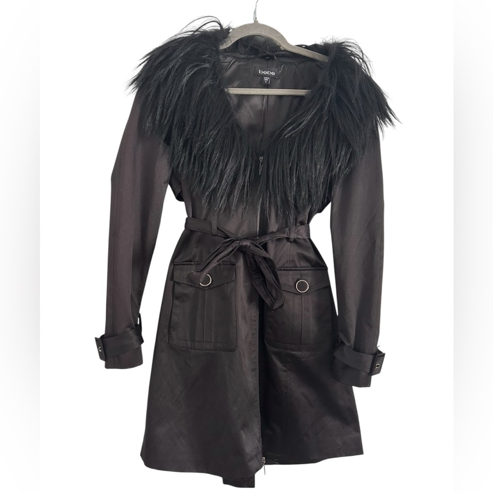 Bebe Silky Satin Belted Trench Coat Women’s W/ Fur Collar Size Small